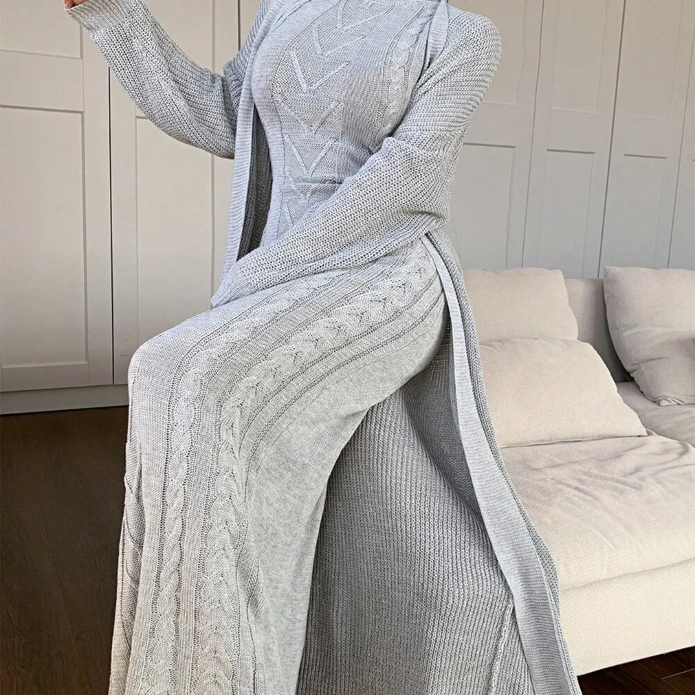 Grey Casual Women's High Neck Sleeveless Sweater Dress w/Cardigan - Picture 3 of 7